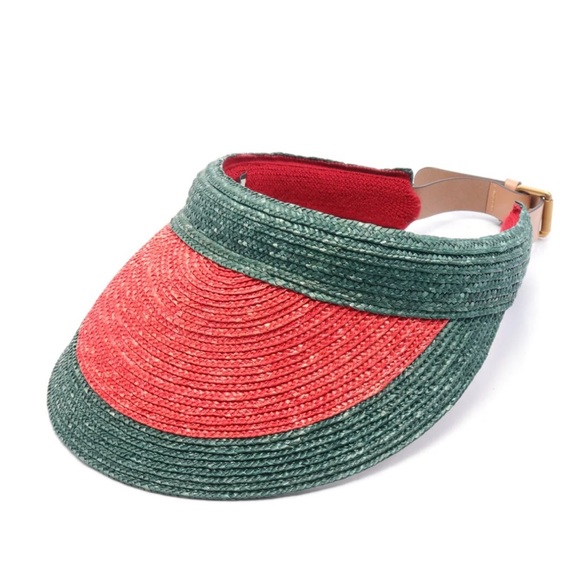 Gucci visor EUC red green straw leather 56cm - Picture 2 of 12